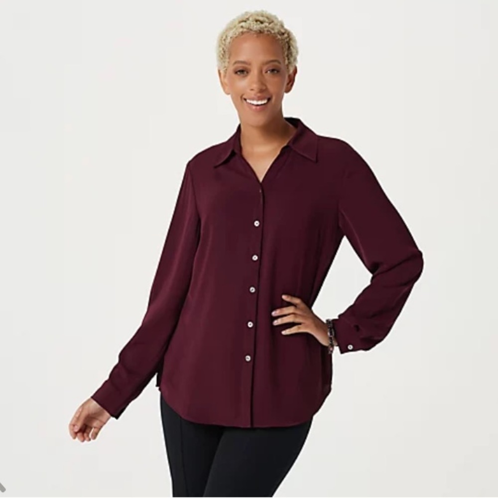Susan Graver Woven Y-Neck Button Front Shirt Size Small